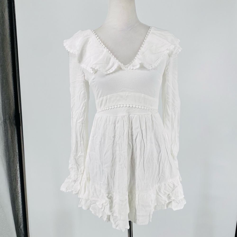 White Long Sleeve V-Neck Open Back Ruffle Hem Mini Dress - Picture 8 of 15